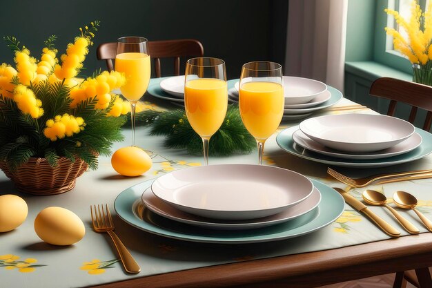 Festive table setting for Easter dinner with mimosa