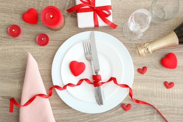 Festive table setting for valentines day closeup