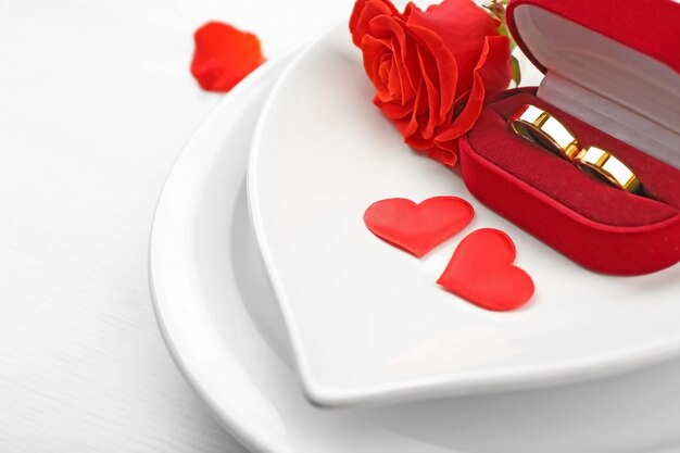 Festive table setting for Valentines Day on light background