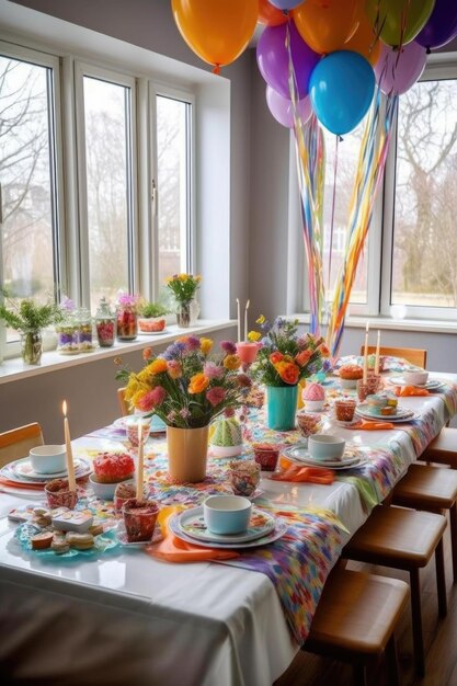 Festive table setting with birthday decorations created with generative ai