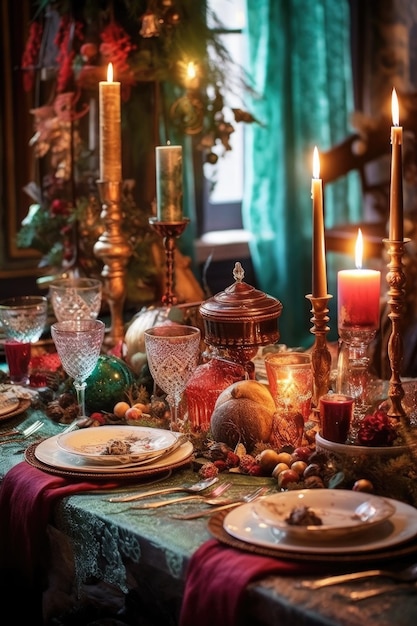 Festive table setting with candles and decorations created with generative ai