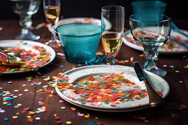 Festive table setting with colorful confetti scattered on the plates and glasses