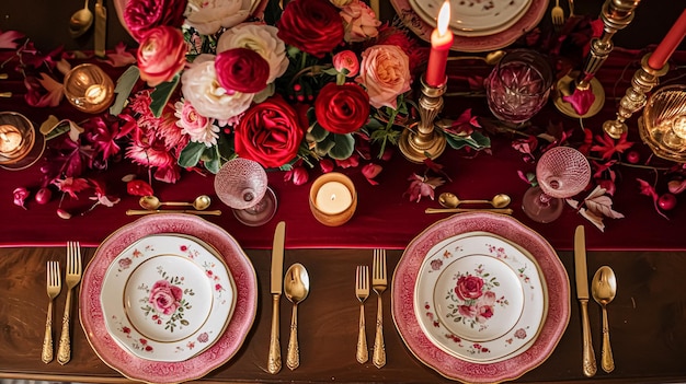 食器のろうそくと,花瓶の中の美しい赤い花で,お祝いのテーブルのセット.