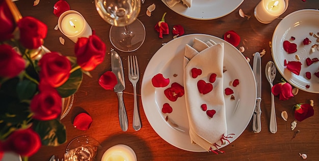 食器のろうそくと花瓶の中の美しい赤い花で祭りのテーブルを飾る