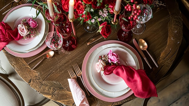 Festive table setting with cutlery candles and beautiful red flowers in vase