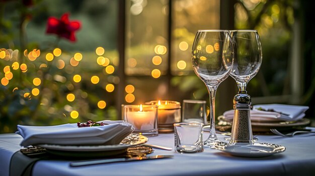 Festive table setting with cutlery candles and beautiful red flowers in vase