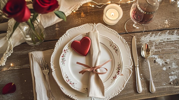 Festive table setting with cutlery candles and beautiful red flowers in vase