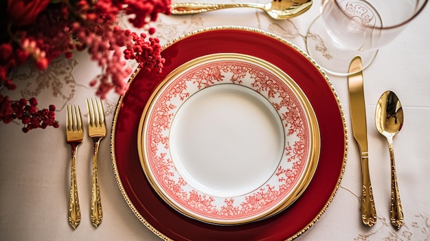 Festive table setting with cutlery candles and beautiful red flowers