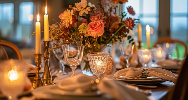 Festive table setting with flowers and candles in the restaurant Selective focus