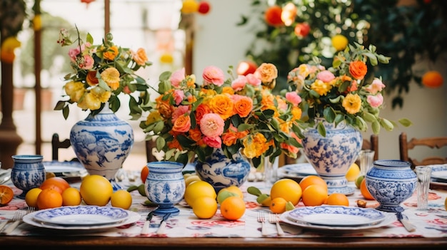 festive table setting with flowers and lemons