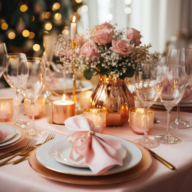 Photo festive table setting with gold and pink accents