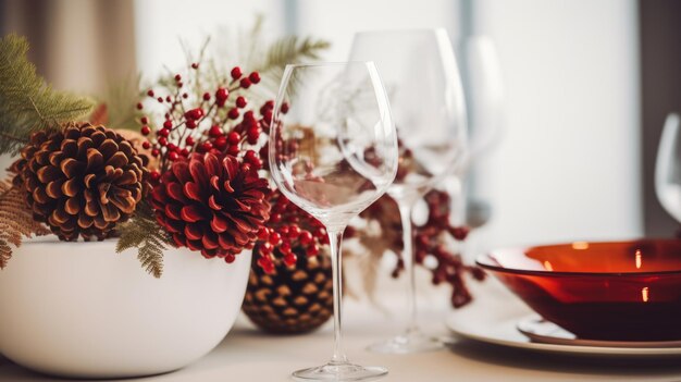 Festive table setting with pine cones and berries