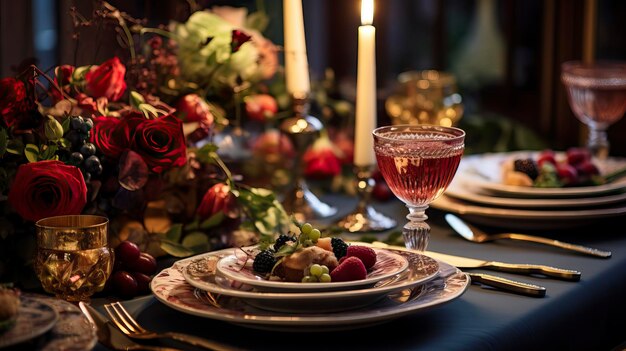 Foto mezzata festiva con piatti candele e bouquet di fiori illustrazione alimentare