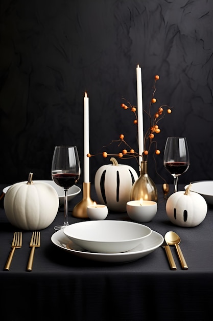 Festive table setting with pumpkins candles and plates on black background