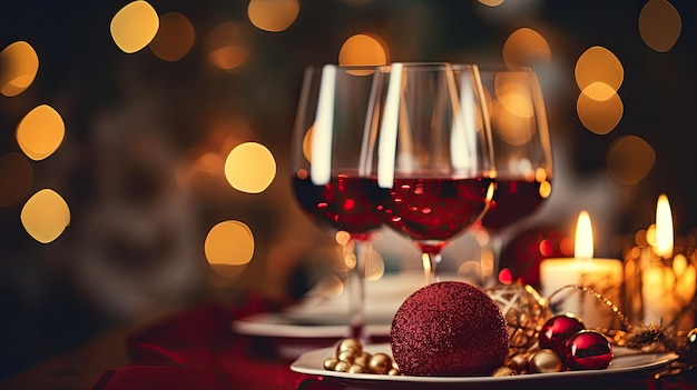 Festive table setting with red wine glasses and Christmas ornaments
