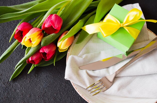 Festive Table Setting With Tulips for Birthday