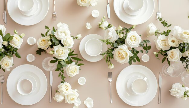 Фото Праздничная столовая обстановка с белыми розами и старинными белыми блюдами на бежевом фоне