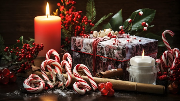 A festive table with candy canes and a candle