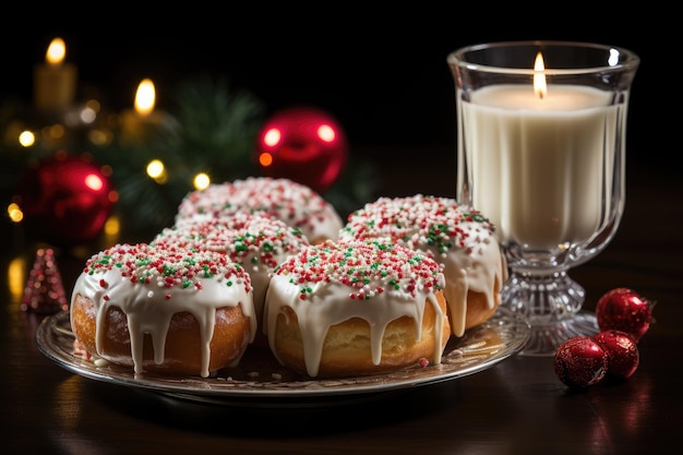 장식된 크리스마스 도넛 생성 IA가 있는 축제 테이블