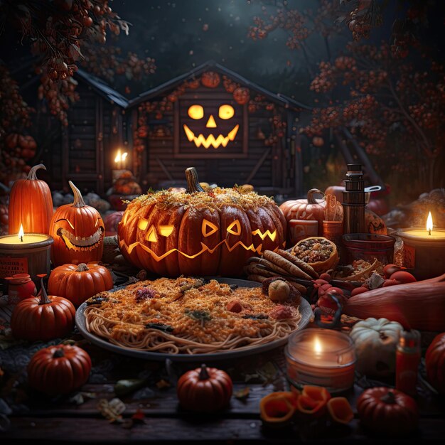 Foto tavolo festivo con cibo in onore della generazione di ai di halloween illustrazione