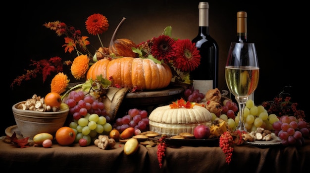 A festive table with pumpkins various grape varieties flowers and bottles of wine with a glass Autumn still life for Thanksgiving