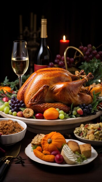 Photo festive table with turkey pumpkins and cornucopia