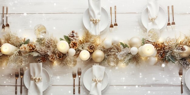 Photo festive table with winter decor white candles top view symbolizing holiday family gathering