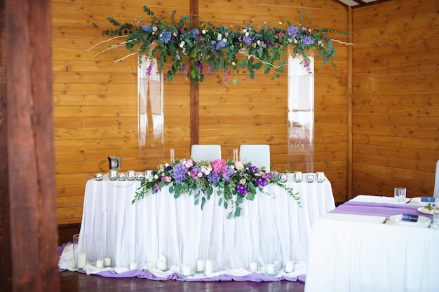 Праздничный текстильный декор в ресторане с цветочными композициями на столе возле тарелок