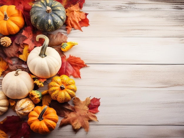 Festive thanksgiving decor of pumpkins berries and leaves ona wooden background with copy space