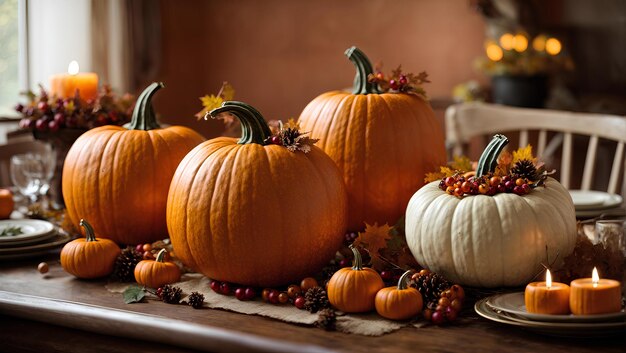 Photo festive thanksgiving pumpkin decoration on wooden table