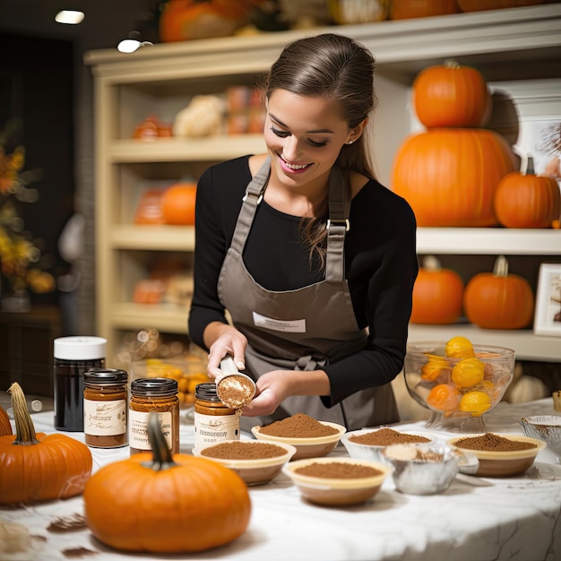 A Festive Thanksgiving Scene With a Woman Making Delicious Pumpkin Pies