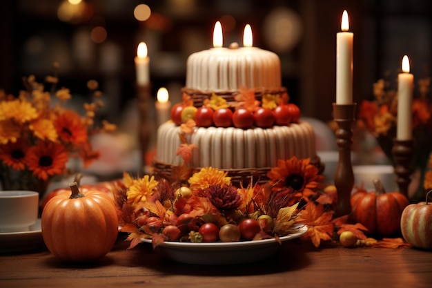 Festive Thanksgiving table centerpiece with candle 00392 01
