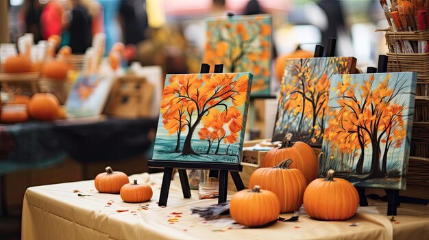 Foto una tavola festiva del ringraziamento con vivaci dipinti di zucca e alberi