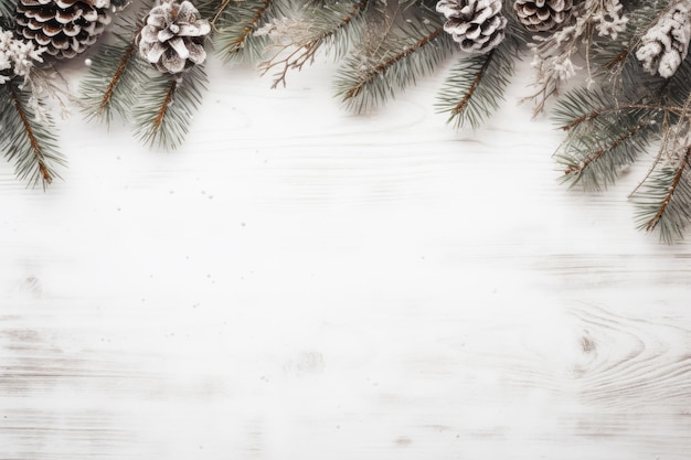 Festive top view flat lay white snowy Christmas background with fir twigs pine cones winter vakantie