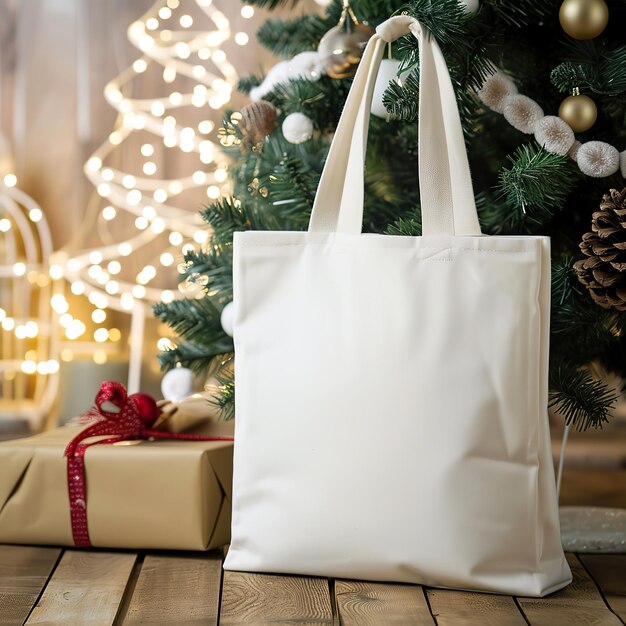 Festive Tote Bag Mockup Christmas Tree Background for Holiday Shopping