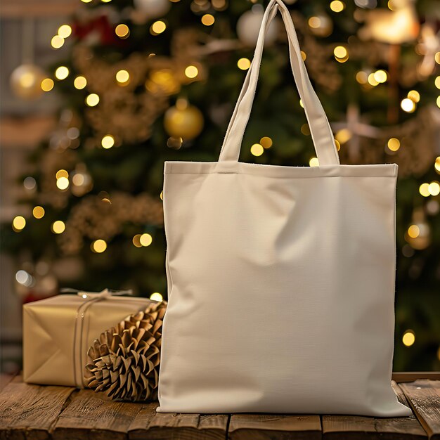 Праздничная сумка Tote Mockup Рождественская елка Фон для праздничных покупок