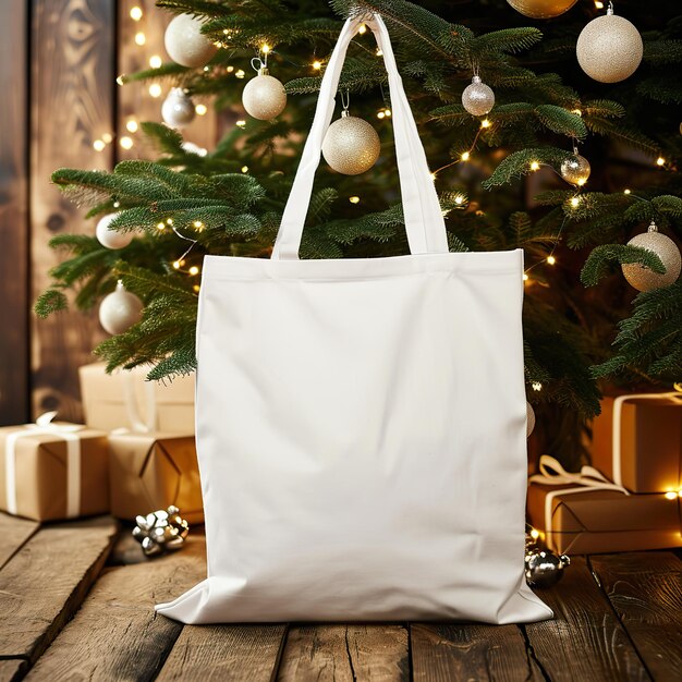 Festive Tote Bag Mockup Christmas Tree Background for Holiday Shopping