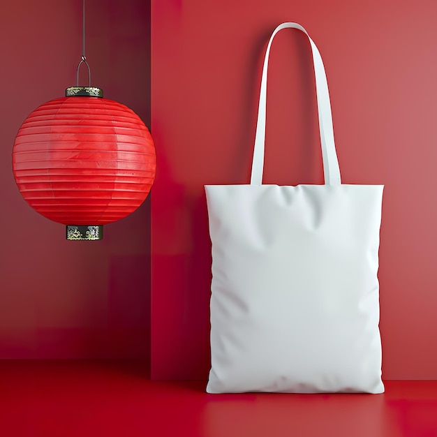 Festive Tote Bag Mockup Lunar New Year Setting with Red Paper Lantern
