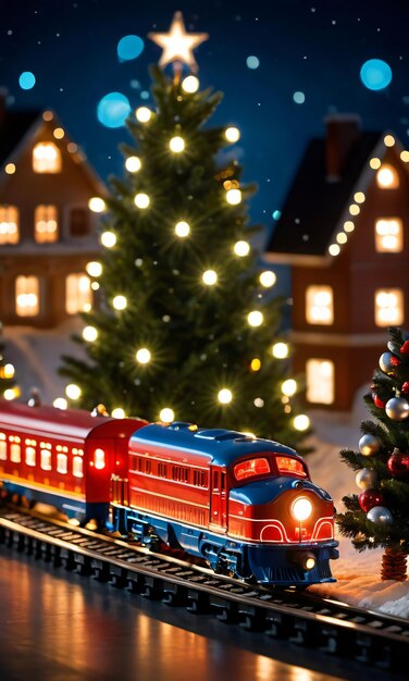 Photo a festive train set circling a brightly lit christmas tree at night