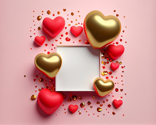 Festive Valentine's background with red and gold hearts on the background Illustration Generative AI