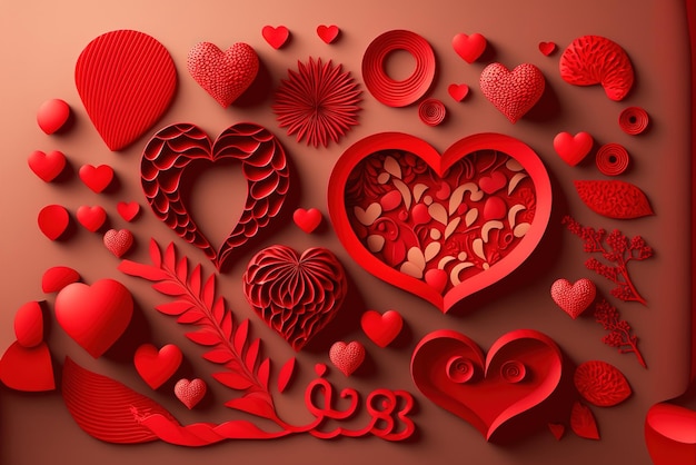 Festive valentines day concept with red paper cut elements background