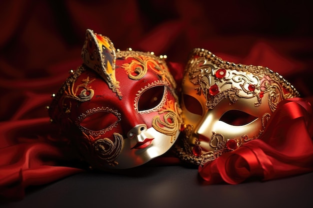 Festive Venetian carnival mask with gold decorations on red background