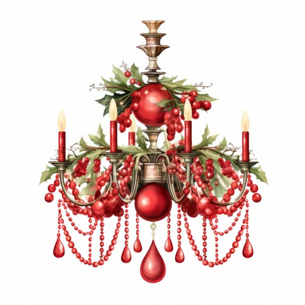 Photo festive vintage christmas chandelier clipart with red christmas elements isolated on white backgro