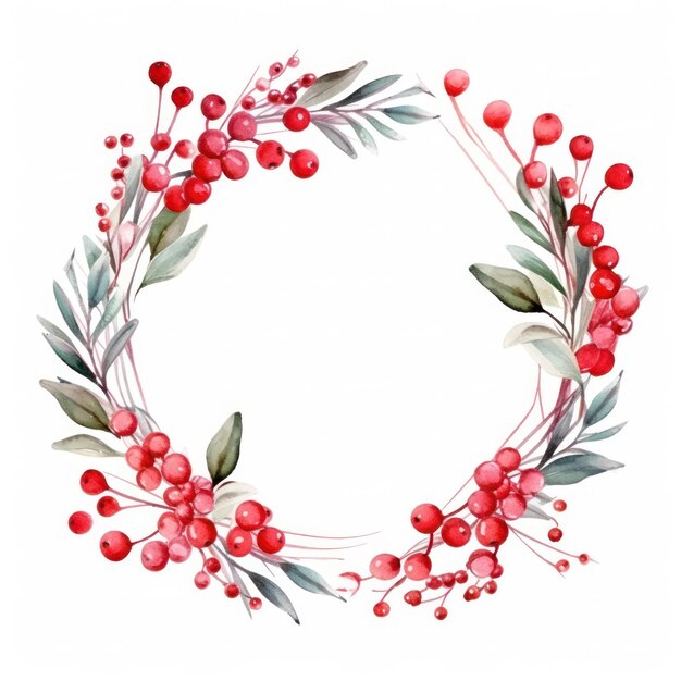 Festive watercolor Christmas wreath with red berries and a frame