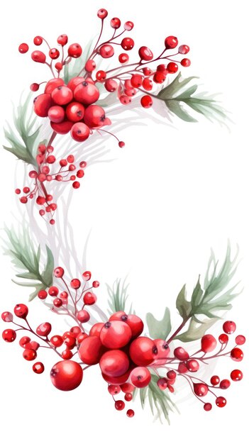 赤い果実とフレームを持つお祭り的な水彩のクリスマス リース