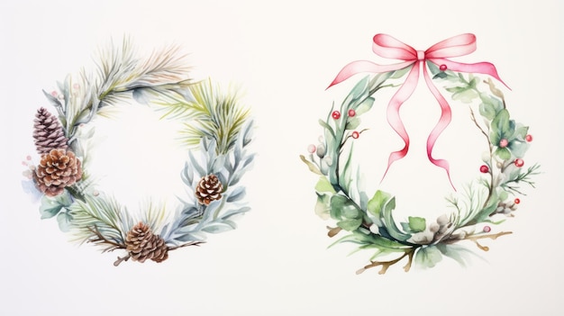 Festive Watercolor Holiday Wreath Workshop with Ribbons Berries and Pinecones on White Background AI Generated