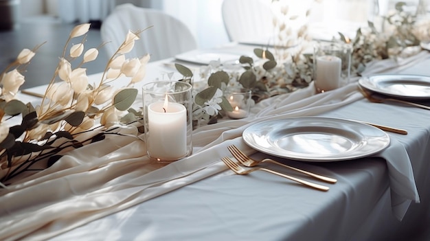 festive wedding table setting with flowers and candles