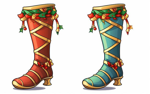 Foto festive capricciose gambe di elfo in calze a disegno e scarpe divertenti vector