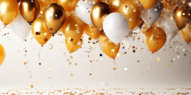 festive white background with golden balloons and sparkles