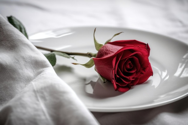 Festive white table setting for romantic red rose Valentines day date Close up